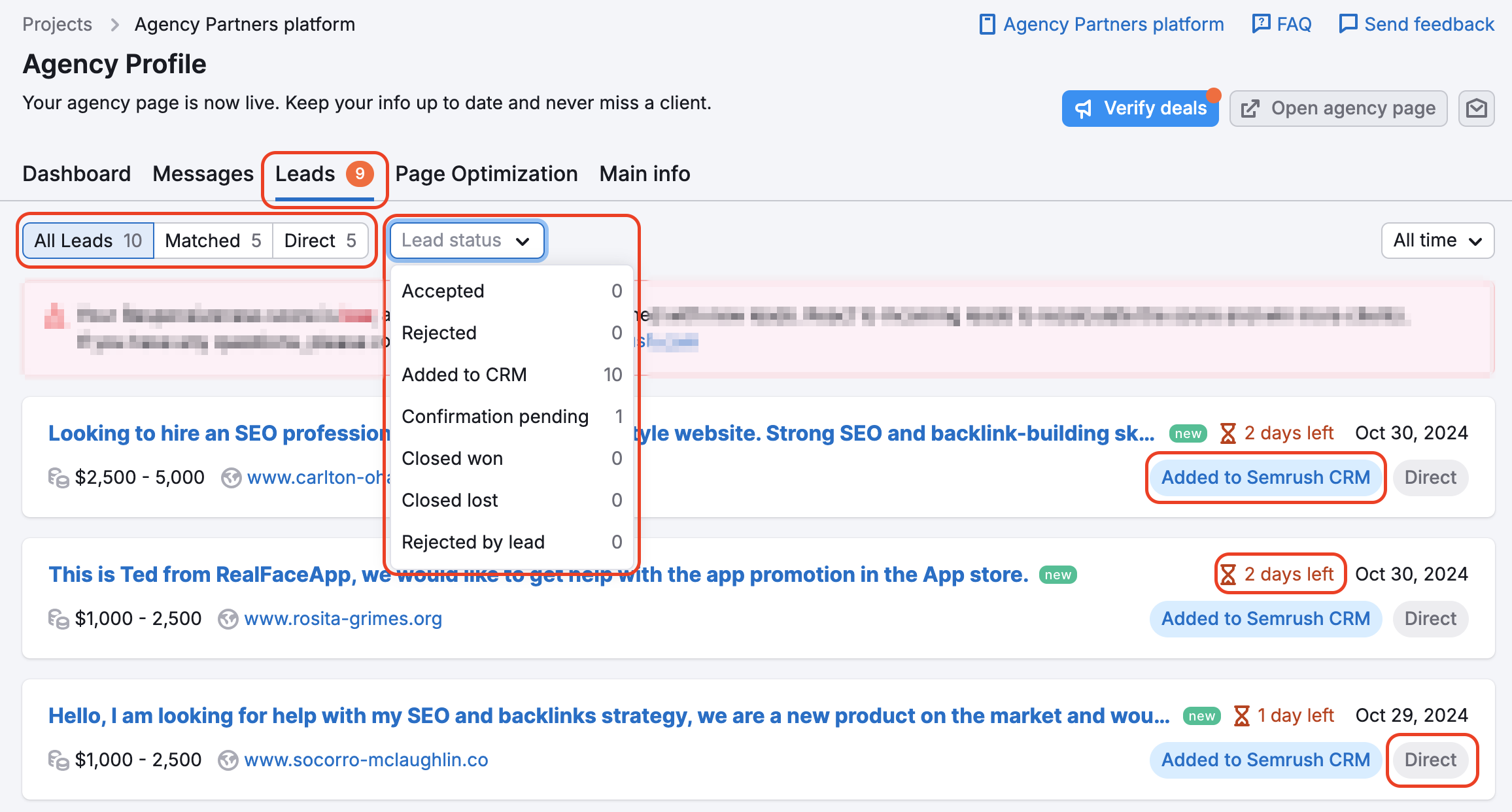 An example of the Leads report with the filtering options highlighted with red rectangles: All Leads, Matched, Direct, and Lead status drop-down at the top of the report, as well as labels next to each lead.