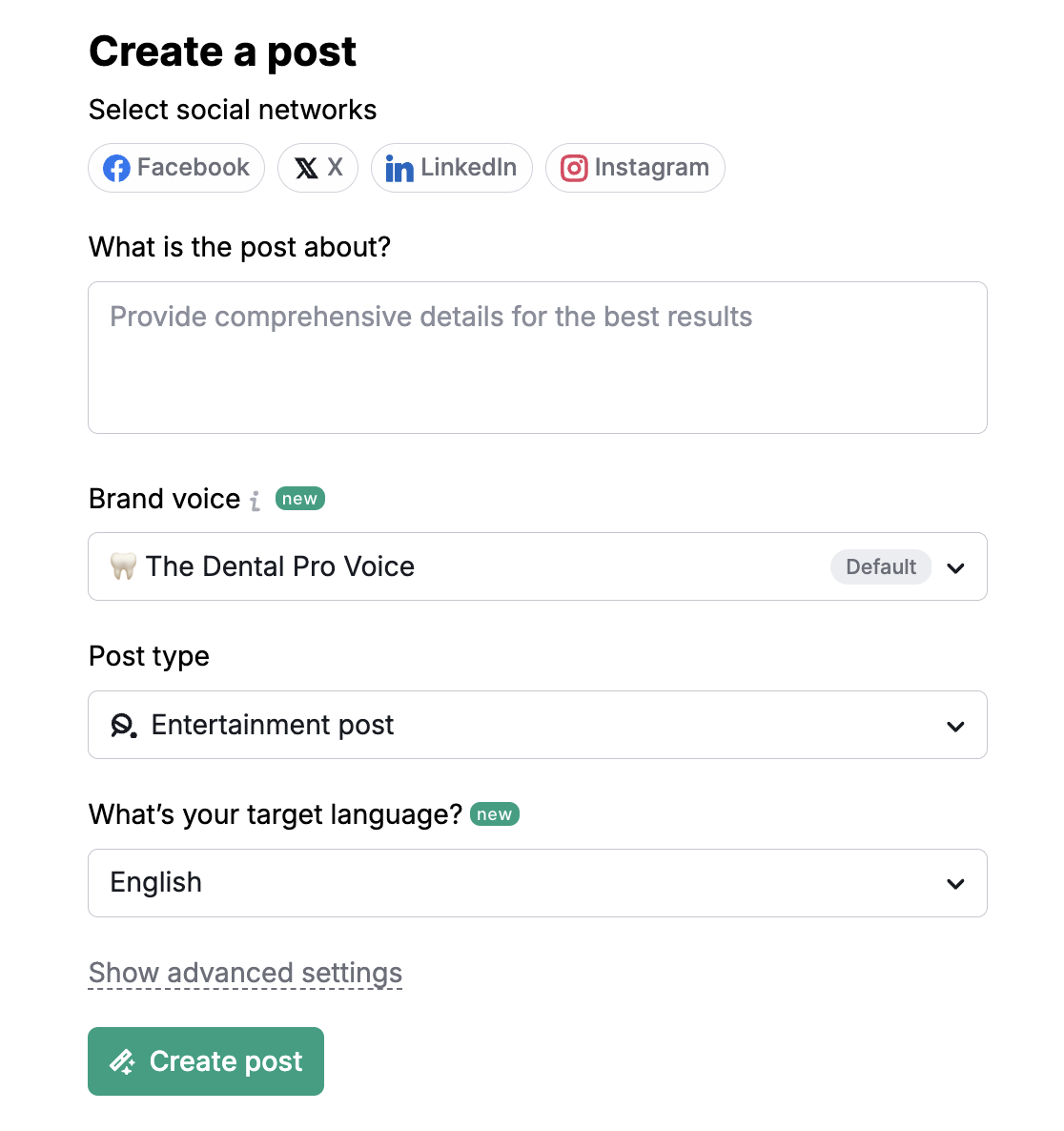 Example showing the form to fill in order to create a social media post. 