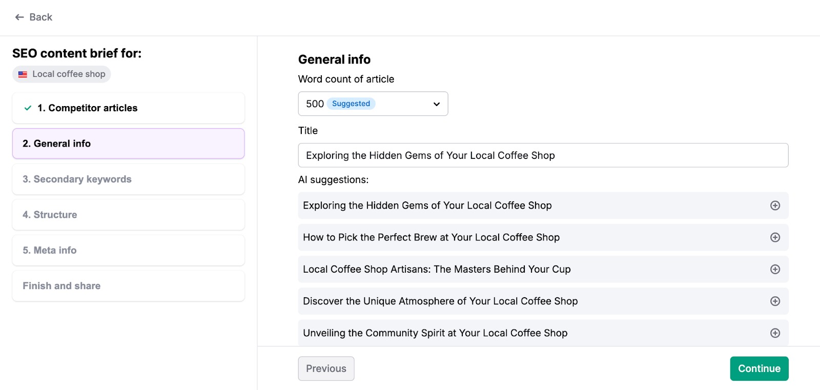 An example of step two, 'General info,' in the SEO content brief constructor.