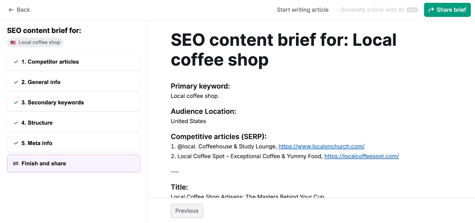 An example of a finished SEO content brief.